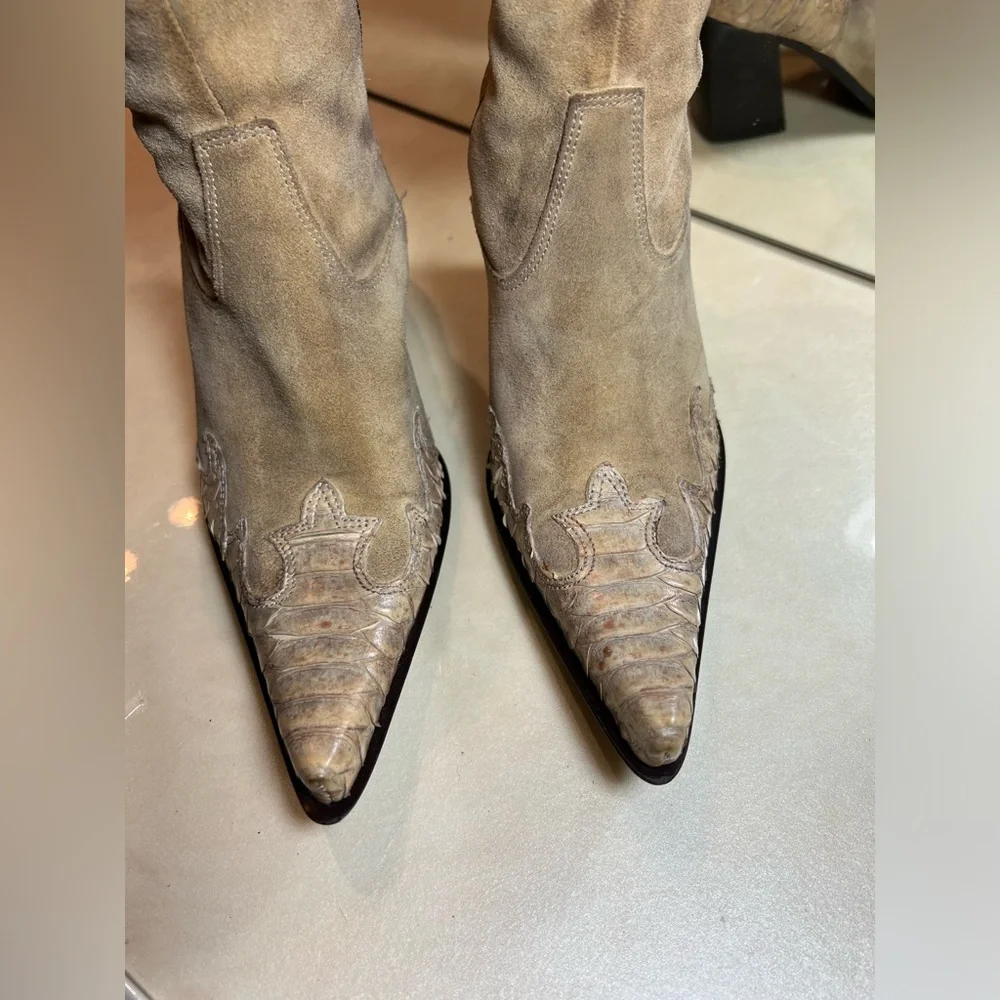 Janet & Janet Tan Leather studs & snake skin Distressed Boho Western Boots 36 - Picture 5 of 14